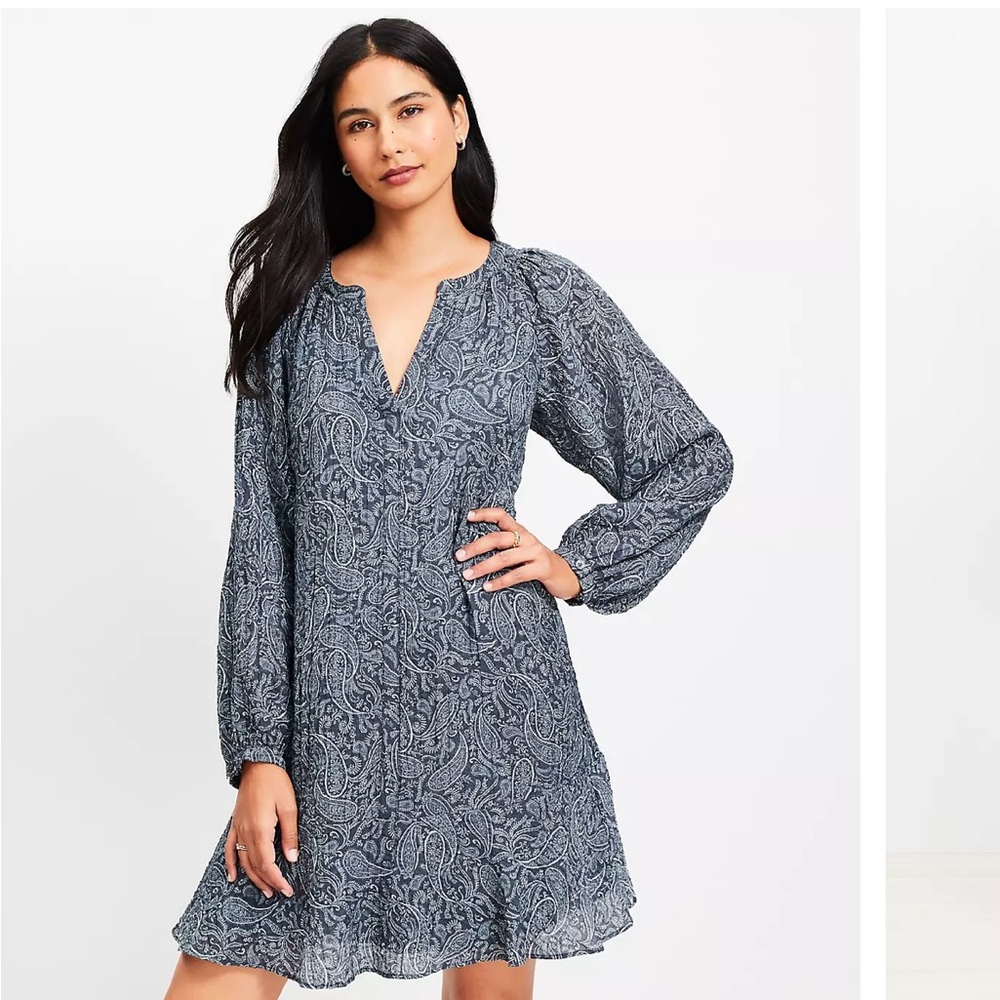 LOFT Long Sleeve Blue Patterned Dress